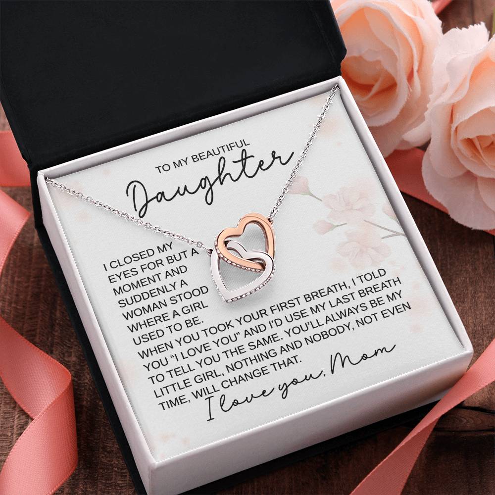To My Beautiful Daughter - You'll Always Be My Little Girl, Love, Mom - Interlocking Hearts Necklace - Gift for Birthday, Christmas, or Special Occasion