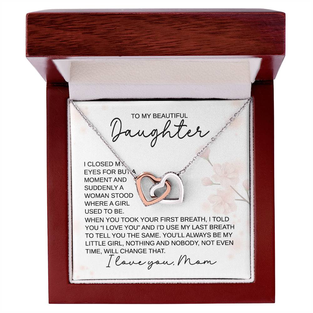 To My Beautiful Daughter - You'll Always Be My Little Girl, Love, Mom - Interlocking Hearts Necklace - Gift for Birthday, Christmas, or Special Occasion