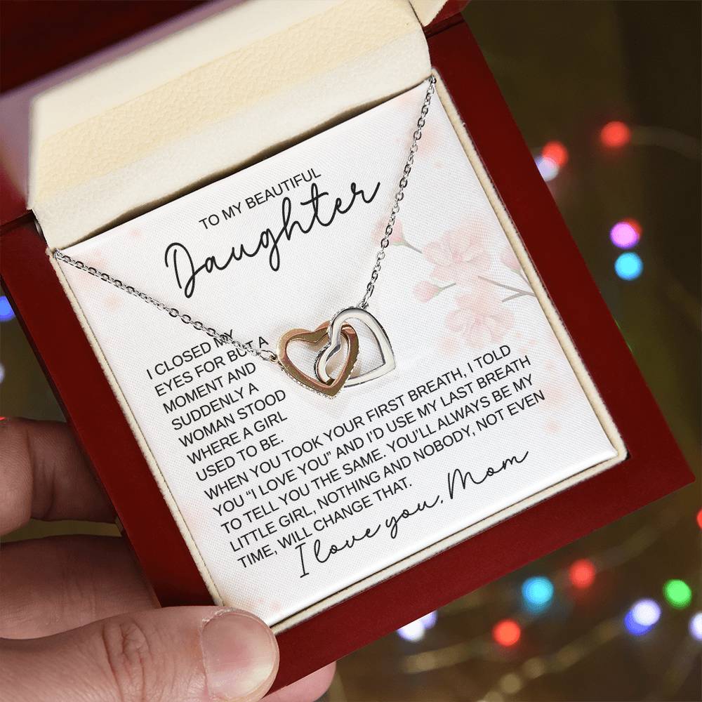 To My Beautiful Daughter - You'll Always Be My Little Girl, Love, Mom - Interlocking Hearts Necklace - Gift for Birthday, Christmas, or Special Occasion