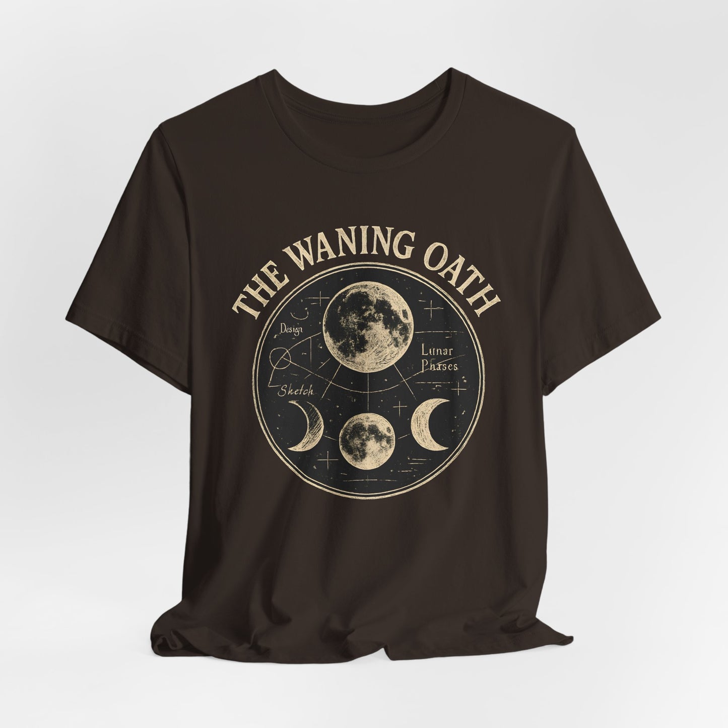 Black t-shirt with 'The Waning Oath' graphic design on a white background