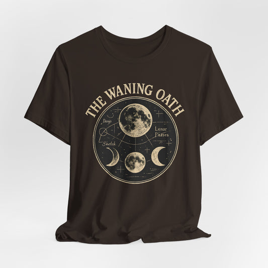 Black t-shirt with 'The Waning Oath' graphic design on a white background