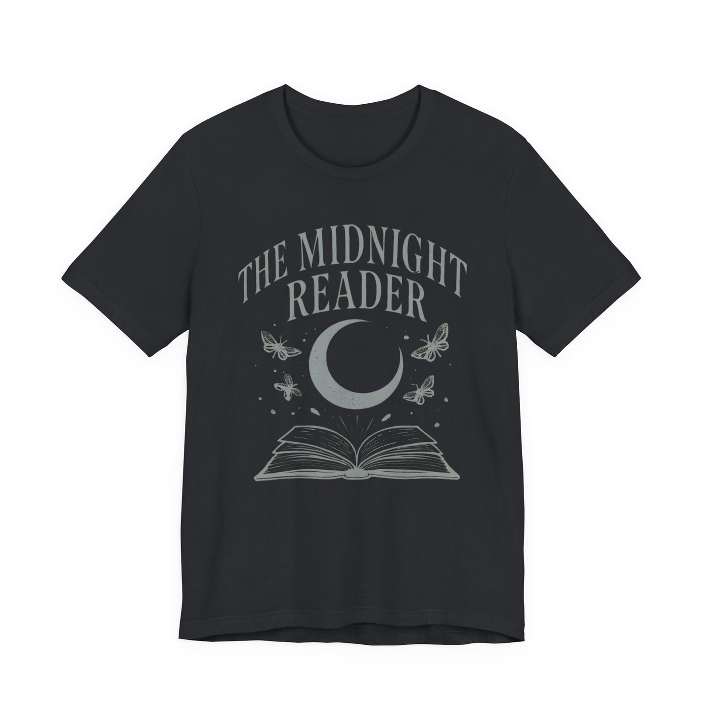 Black t-shirt with 'The Midnight Reader' design featuring a moon, book, and butterflies on a white background.