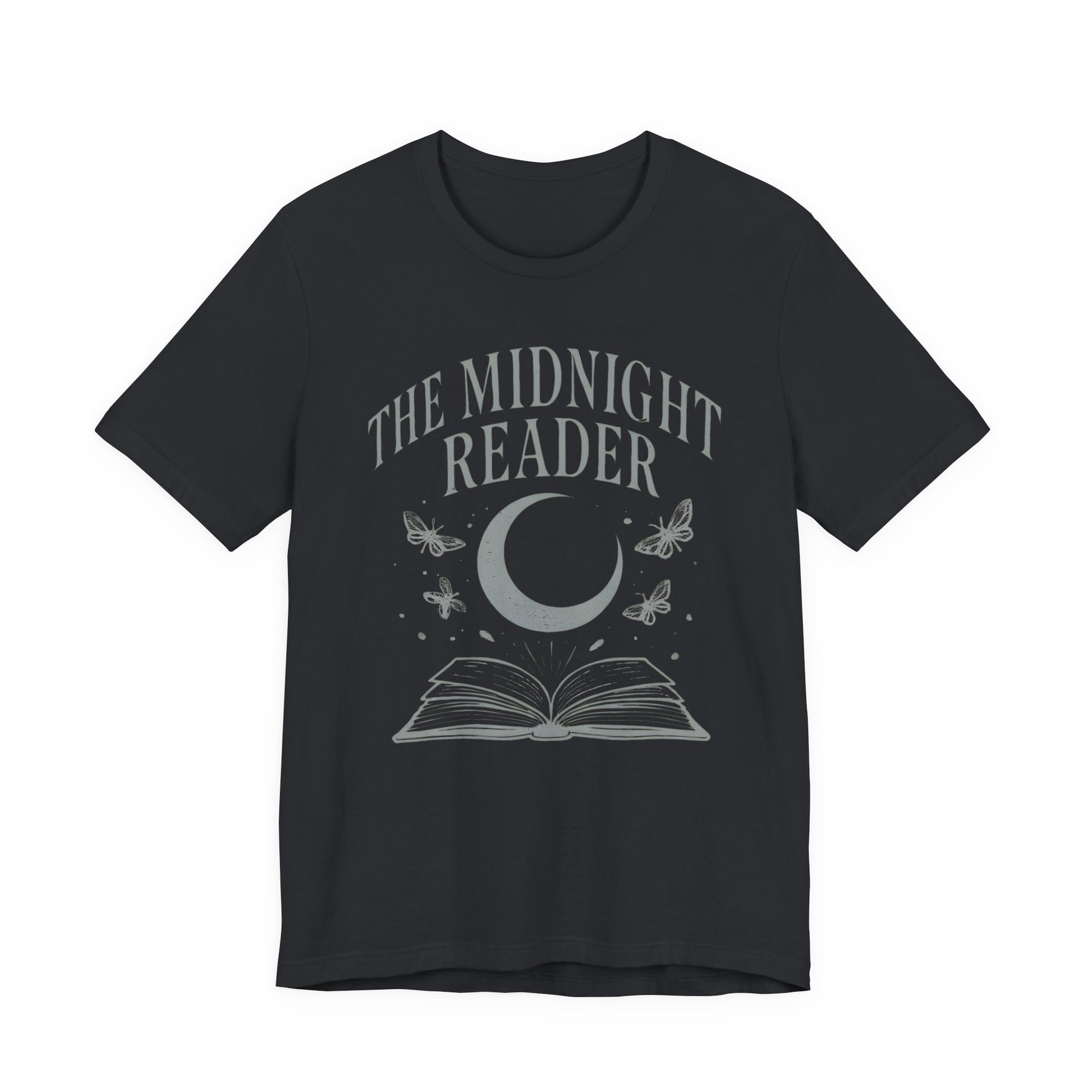 Black t-shirt with 'The Midnight Reader' design featuring a moon, book, and butterflies on a white background.