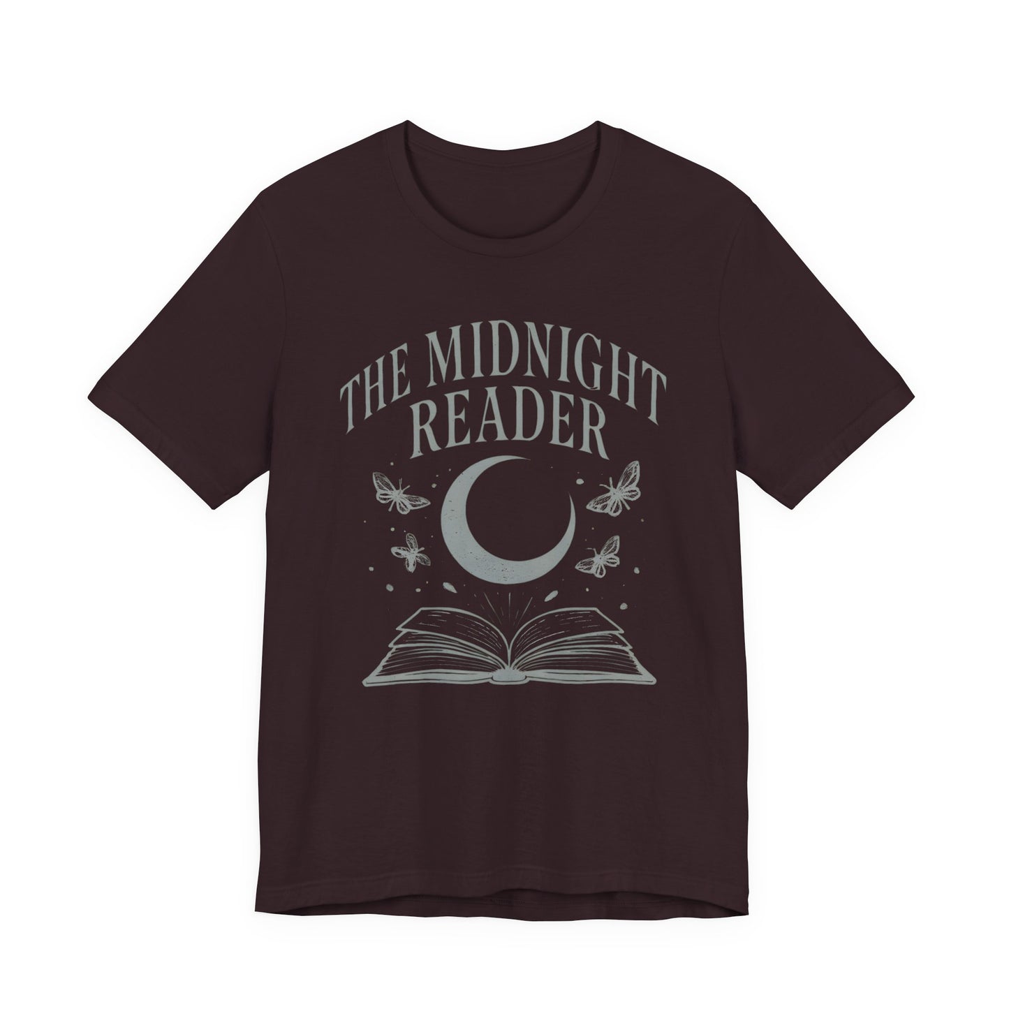 Dark brown t-shirt with 'The Midnight Reader' design featuring a moon, book, and butterflies on a white background.