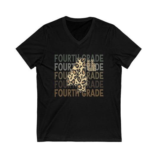 A black V-neck t-shirt with leopard print accent and the text '4th GRADE' printed on the front.