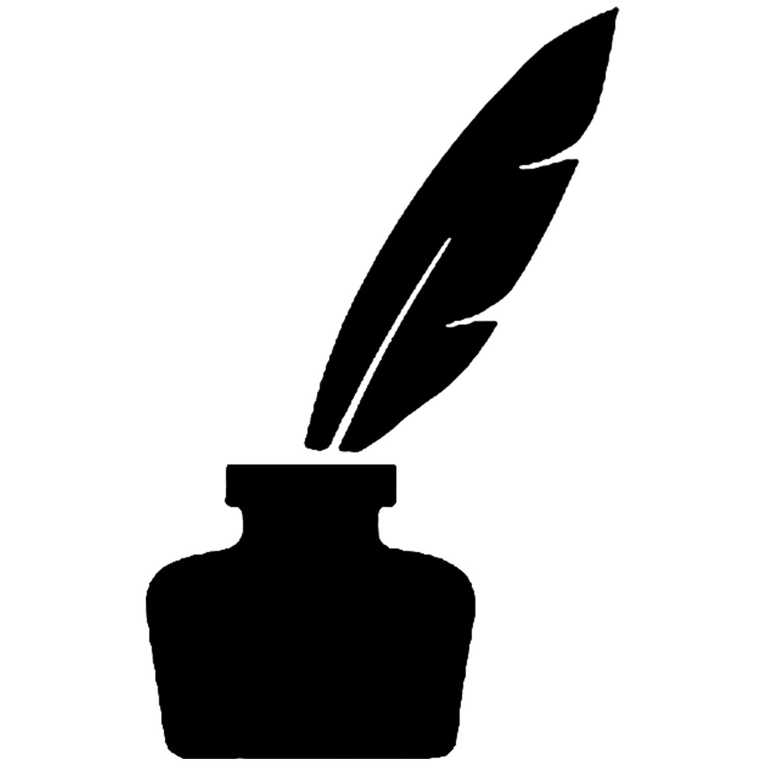 Black silhouette of an inkwell with a feather on a white background