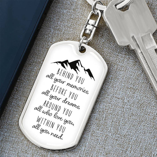 Dog Tag Keychain - Mountains - Memories - Gift for Graduation, Birthday or Holiday